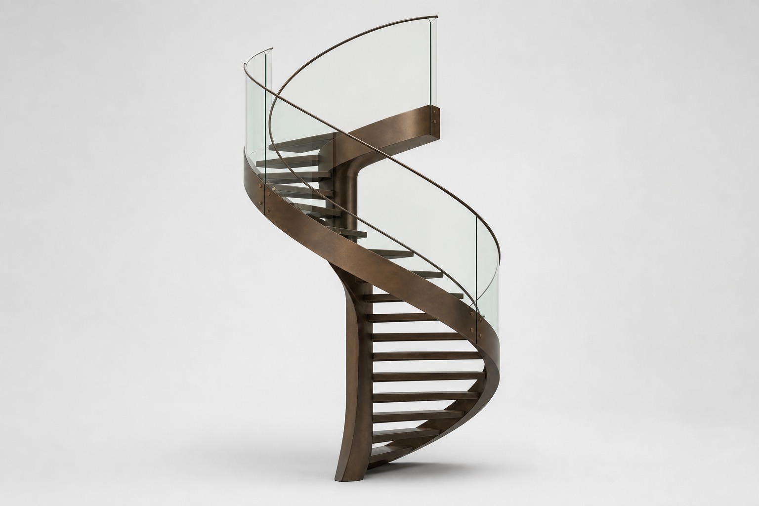 Dark wood helical staircase with curved glass panels and a slim metal handrail.